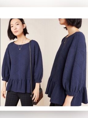 Anthropologie Maeve Mikayla Navy Blue Peplum Balloon Sleeve Top Blouse Relaxed
